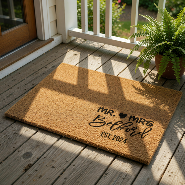 Personalized Mr. and Mrs. coir doormat for couples, featuring a custom family name and established year in black script.