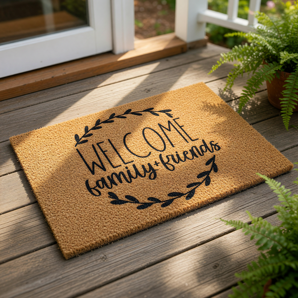 Welcome Family and Friends coir doormat featuring a black leaf wreath design on a natural fiber welcome mat, perfect for a front porch entry, housewarming decor, or a stylish outdoor floor rug for your home entrance and entryway.