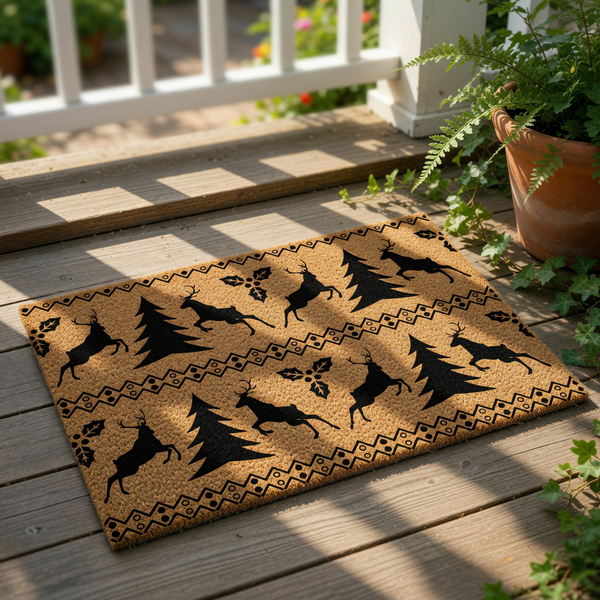 Christmas reindeer doormat featuring a natural coir fiber texture with a black printed pattern of leaping deer, pine trees, and holly leaves, making a festive holiday welcome mat for your front porch or entryway decor.