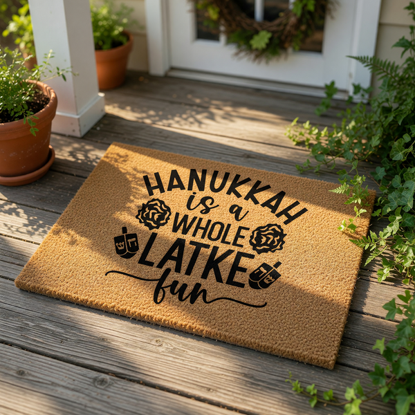 Hanukkah doormat with funny holiday quote and spinning top icons, this natural coir fiber welcome mat features black text reading Hanukkah is a whole latke fun for festive seasonal home decor and entryway floor mats.