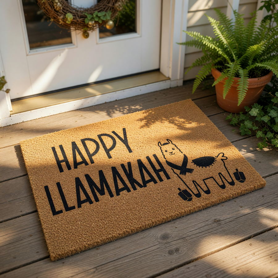 Happy Llamakah coir doormat featuring a cute llama illustration and holiday dreidels, perfect for a festive front porch welcome mat.