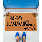 Happy Llamakah holiday doormat featuring a cute llama illustration, this natural coir fiber welcome mat is a festive floor rug for your front porch entry, perfect for seasonal home decor and winter celebration entryway styling.