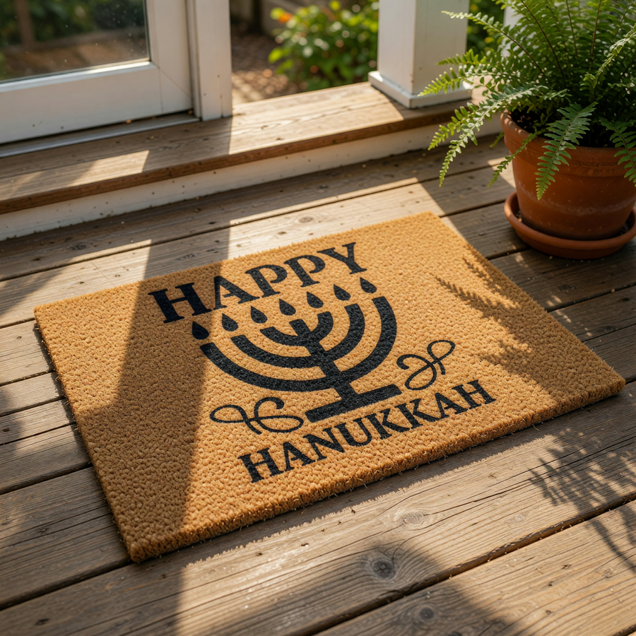 Happy Hanukkah doormat with a black menorah design on a natural coir fiber mat, perfect for holiday porch decor and winter entryway floor mats to welcome guests during the festival of lights celebration at your front door