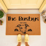 Personalized Greyhound doormat featuring a cute dog peeking over the edge, custom family name welcome mat for dog lovers, durable coir fiber outdoor rug for front porch entryways, housewarming decor with a custom established year