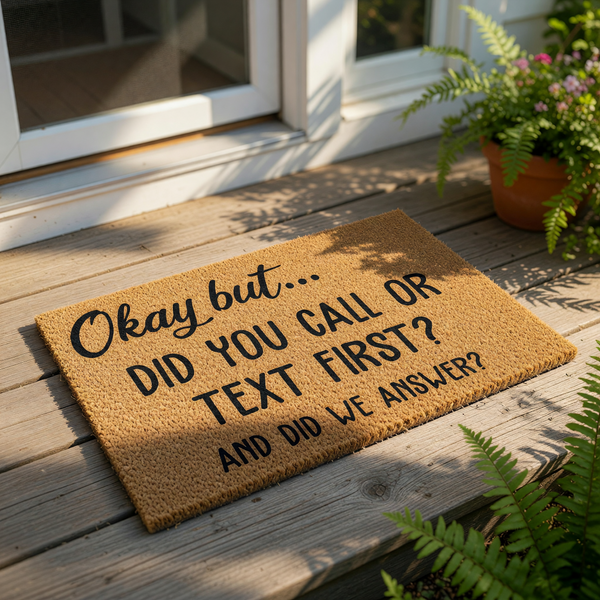 Funny doormat with text Okay but did you call or text first and did we answer, a natural coir fiber welcome mat for front porch decor that features bold black lettering on a durable brown outdoor rug for home entryways and