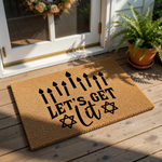 Funny Hanukkah doormat featuring a menorah candle design and the text Let's Get Lit with stars, this natural coir welcome mat is a festive holiday floor rug for your front porch entry decor during the winter season and