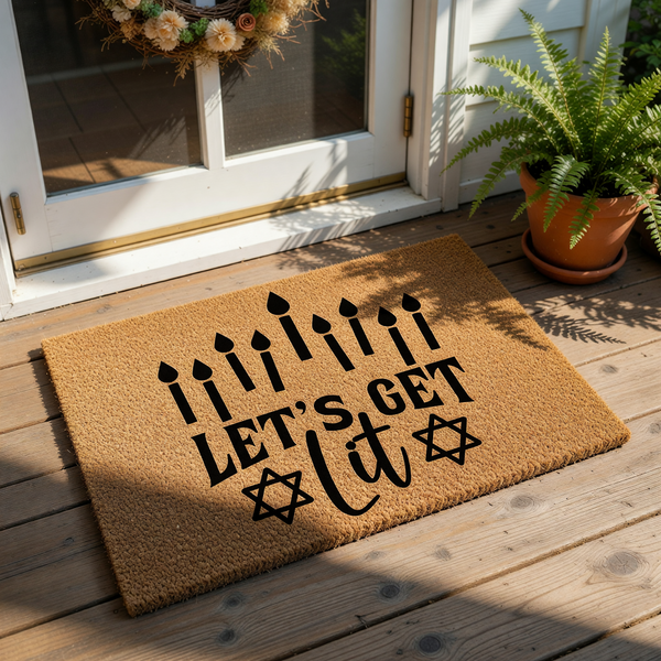 Funny Hanukkah doormat featuring a menorah candle design and the text Let's Get Lit with stars, this natural coir welcome mat is a festive holiday floor rug for your front porch entry decor during the winter season and