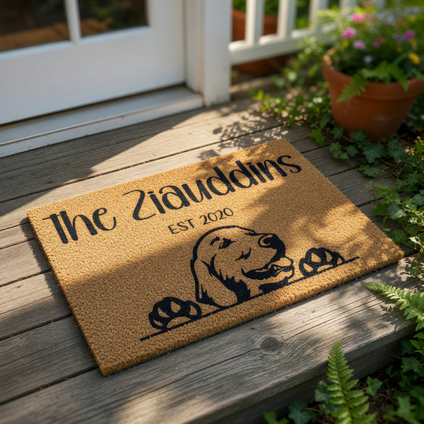 Personalized family name doormat featuring a cute Golden Retriever dog peeking over the bottom edge, this custom coir welcome mat is a durable outdoor floor rug for pet lovers and makes a great housewarming gift for new
