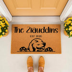 Personalized dog breed doormat featuring a custom family name and established year, this natural coir welcome mat displays a cute retriever illustration and paw prints for a charming front porch decor entry way floor mat.