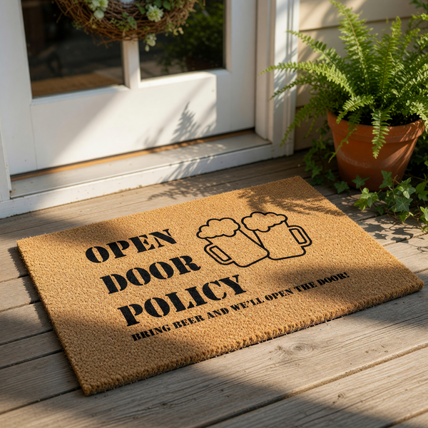 Funny beer doormat with an open door policy design, featuring two beer mugs and text that says bring beer and we will open the door, perfect for a front porch welcome mat made of natural coir fiber for a home entrance decor.