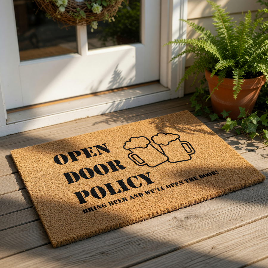 Funny beer doormat with an open door policy design, featuring two beer mugs and text that says bring beer and we will open the door, perfect for a front porch welcome mat made of natural coir fiber for a home entrance decor.