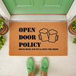 Funny beer doormat with Open Door Policy text and beer mug graphics, a natural coir welcome mat for front porch decor that says Bring Beer and We Will Open The Door, perfect for a housewarming entrance or a fun home entryway.