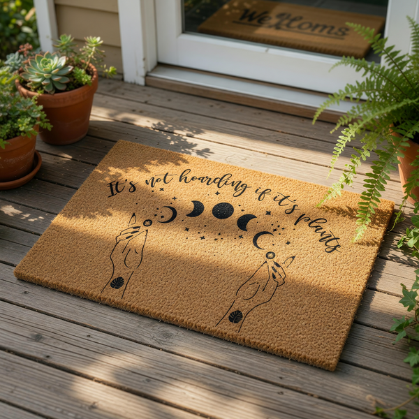 Plant lover coir doormat featuring celestial moon phases and hands holding small plants, with the funny quote It is not hoarding if it is plants printed in black on a natural fiber welcome mat for indoor or outdoor home decor.