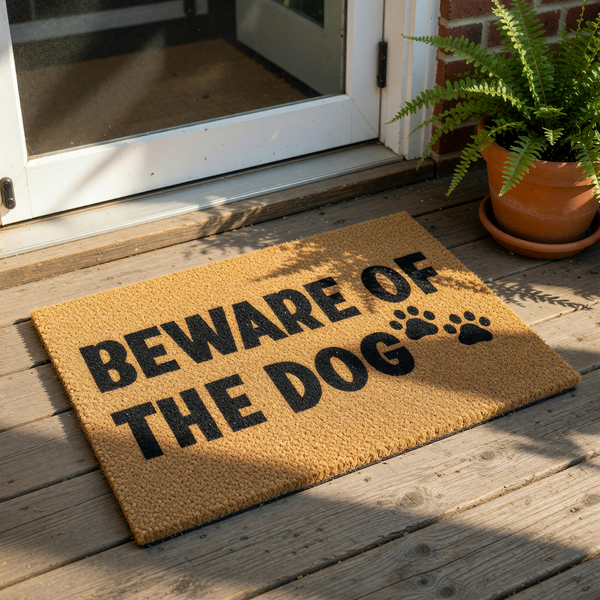 Beware of the Dog coir doormat with black text and paw print design, a funny outdoor welcome mat for pet owners that serves as a durable front porch rug for home entryways and a humorous housewarming gift for any dog lover.