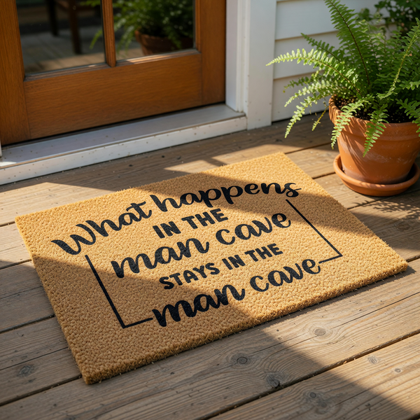 Man cave doormat with funny text printed on a natural coir fiber welcome mat, featuring a durable outdoor floor rug design that makes a humorous home decor addition for any basement, garage, or private room for men.