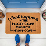 Man cave doormat with funny quote printed on natural coir fiber, featuring a durable outdoor welcome mat design for a garage, basement, or game room entrance, perfect for home decor and housewarming gifts for men who love their