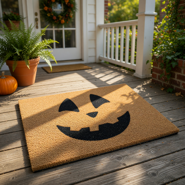 Jack-o-lantern pumpkin face doormat featuring a spooky black carved smile on a natural coir fiber welcome mat, perfect for fall porch decor, Halloween entryway rugs, and seasonal outdoor home entrance floor mats for autumn.
