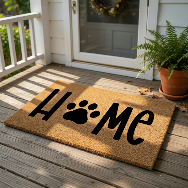 Pet lover home doormat with a paw print replacing the letter O, featuring durable natural coir fiber construction for a rustic front porch welcome mat that is ideal for dog owners and cat lovers looking for cute home decor.
