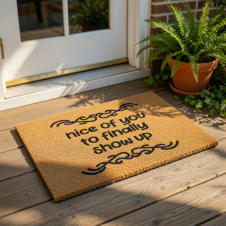 Funny doormat with the text nice of you to finally show up, this natural coir welcome mat features a humorous quote and decorative black scrollwork, making it a perfect front porch decor piece for your home entrance or