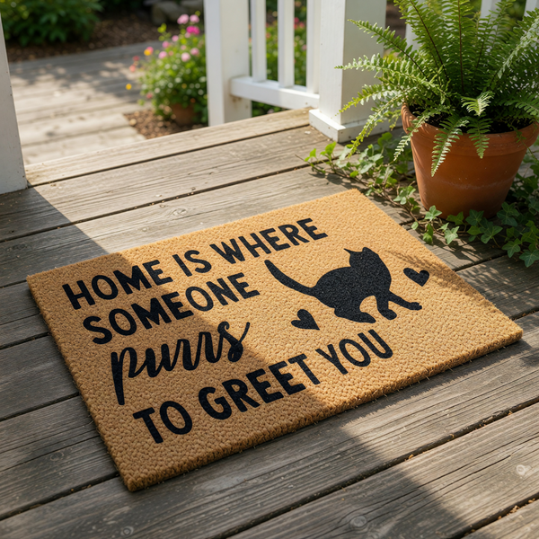Cat lover coir doormat featuring a black cat silhouette and the text Home is where someone purrs to greet you, making this funny welcome mat a cute front porch decor choice for any feline owner or pet house entrance.
