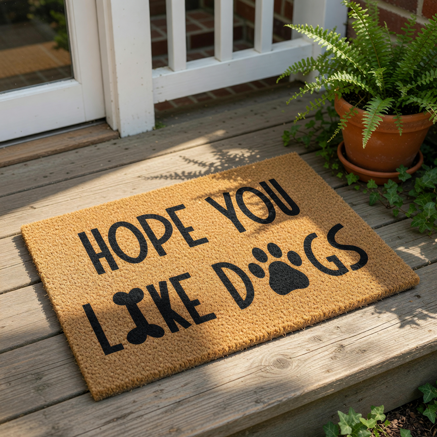 Hope You Like Dogs coir doormat for pet lovers, featuring a fun paw print and bone design on natural fiber.