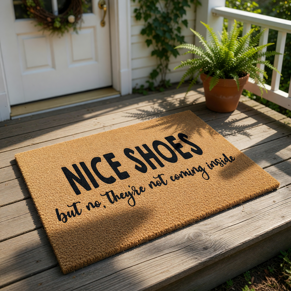 Funny doormat with the text Nice Shoes but no they are not coming inside, this natural coir fiber welcome mat features bold black lettering for a humorous entryway decor piece that keeps your home clean and guests laughing at the