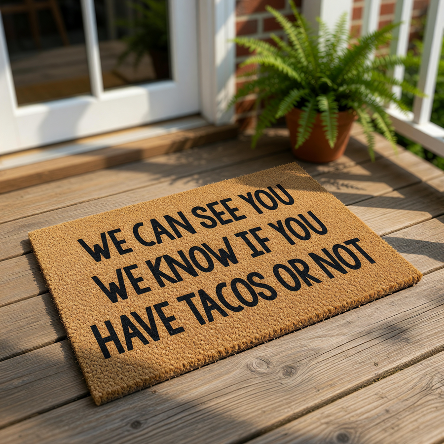 Funny taco doormat with bold black text reading We Can See You We Know If You Have Tacos Or Not on a natural coir fiber welcome mat, perfect for a front porch entrance or a humorous housewarming gift for any taco lover home decor.