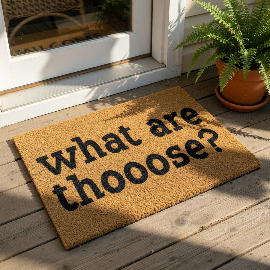 Funny doormat with the text what are thooose printed in bold black letters on a natural brown coir fiber welcome mat, perfect for a front porch entry, housewarming, or as a humorous home decor floor rug for your front door