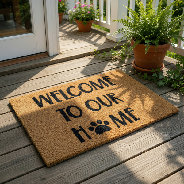 Pet lover welcome doormat with paw print design, featuring natural coir fiber construction for a durable front porch rug that says Welcome To Our Home, perfect for dog owners and cat lovers seeking a rustic outdoor entryway mat.