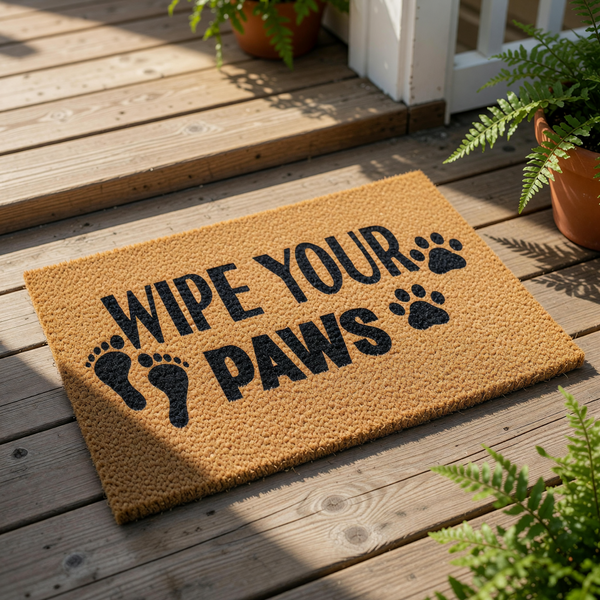 Wipe Your Paws doormat for pet owners, a natural coir fiber welcome mat with black text and paw print designs, placed on a wood porch floor as a funny outdoor entrance rug for dog lovers and cat owners to keep their home clean.
