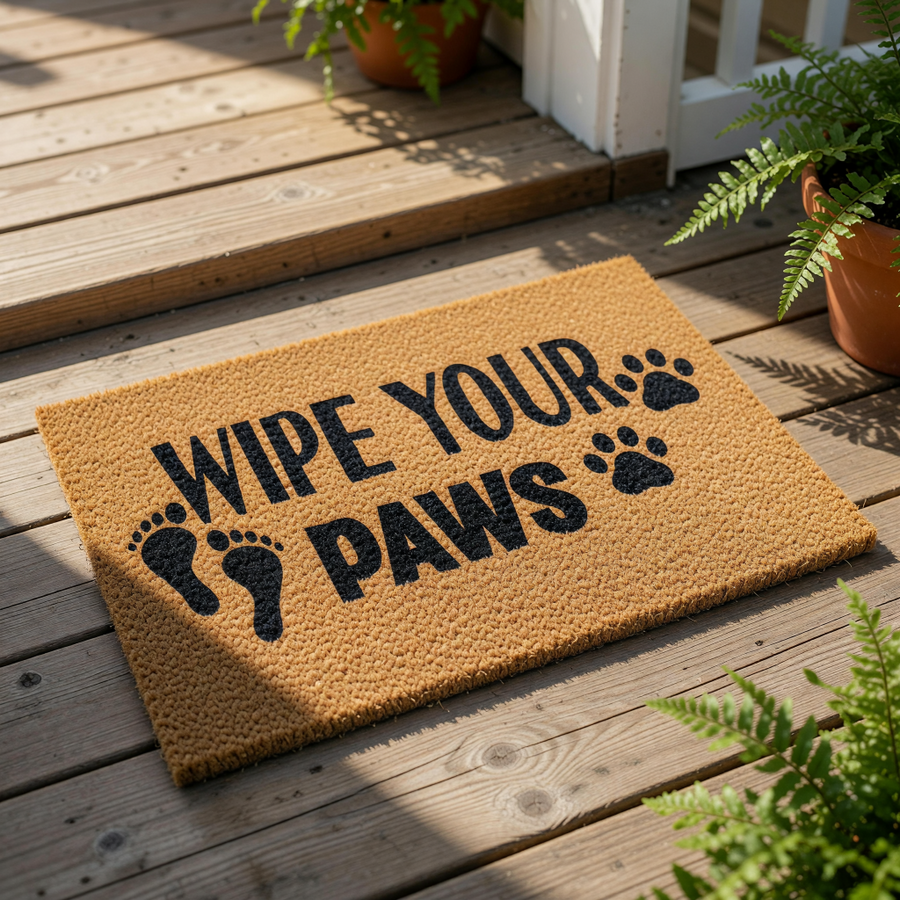 Wipe Your Paws doormat for pet owners, a natural coir fiber welcome mat with black text and paw print designs, placed on a wood porch floor as a funny outdoor entrance rug for dog lovers and cat owners to keep their home clean.