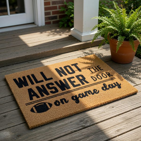 Funny game day doormat for sports fans, featuring a natural coir fiber welcome mat with black text that reads Will Not Answer The Door On Game Day, perfect for a front porch entrance or a housewarming gift for football lovers.