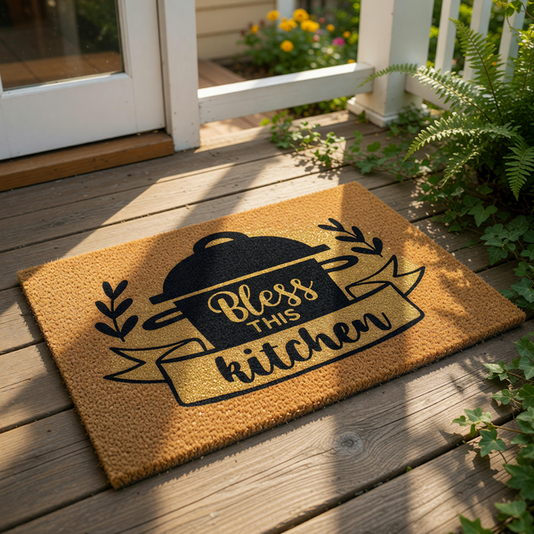 Bless This Kitchen coir doormat featuring a black cooking pot graphic and farmhouse style lettering, this natural fiber welcome mat is a durable floor rug for your home entryway, kitchen decor, or a housewarming front porch