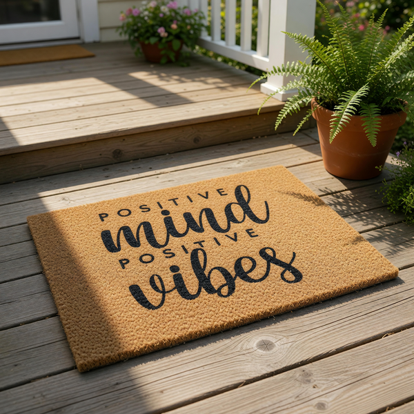 Positive Mind Positive Vibes coir doormat featuring natural brown coconut fiber, this durable outdoor welcome mat is a stylish front porch rug that adds a cheerful, motivational touch to your home entryway decor and floor mat