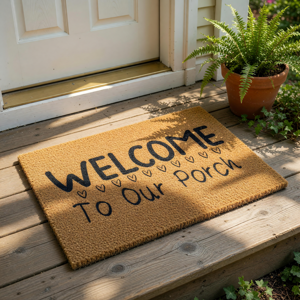 Welcome to our porch coir doormat with a natural fiber texture, featuring black printed text and a row of small hearts, making this a stylish outdoor welcome mat for your front door entry, housewarming, or home decor porch