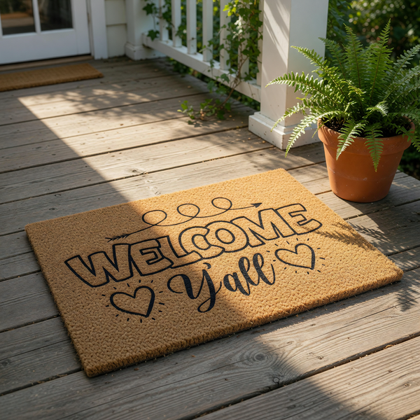 Welcome Yall doormat with a rustic coir fiber texture, featuring black printed text and heart accents for a farmhouse front porch decor look that serves as a stylish outdoor welcome mat for your home entrance and entryway floor.