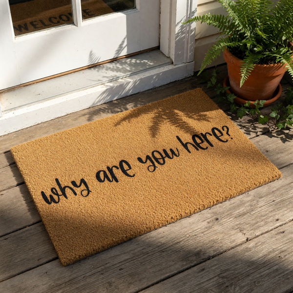 Funny Why Are You Here doormat made of natural coir fiber with black text, this sarcastic welcome mat is a humorous front porch rug for home entryways that adds a bold personality to your outdoor decor and housewarming entrance.