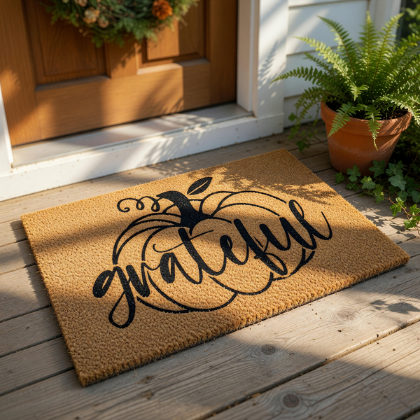 Grateful pumpkin doormat featuring a natural coir fiber texture with a black printed design, perfect for fall porch decor, Thanksgiving entryway mats, or seasonal home welcome mats for a cozy autumn farmhouse front door look.