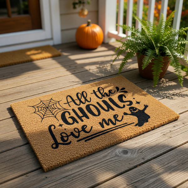 Halloween doormat featuring a spider web and ghost design with the text All the Ghouls Love Me, this natural coir fiber welcome mat is a spooky front porch decor piece for the fall season and festive holiday home entryway