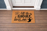 All the Ghouls Love Me Halloween doormat featuring a cute ghost and spiderweb design on natural coir fiber, perfect for a spooky front porch welcome mat or fall entryway decor for your home during the autumn holiday season.