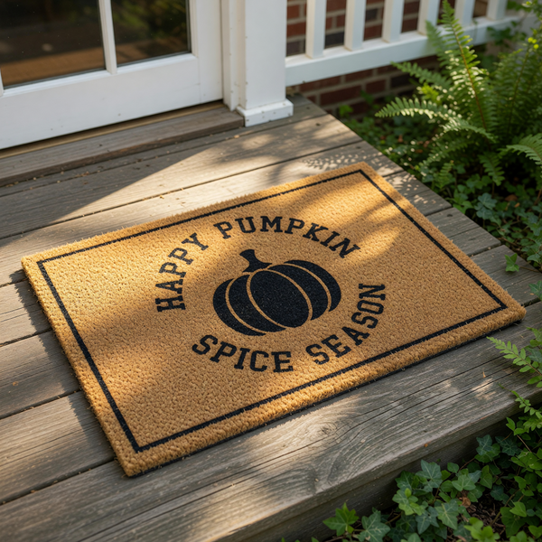 Happy Pumpkin Spice Season doormat featuring a black pumpkin graphic on a natural coir fiber welcome mat, perfect for fall porch decor and autumn entryway floor mats to celebrate the cozy harvest season with a festive seasonal