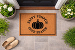 Happy Pumpkin Spice Season coir doormat for fall porch decor, featuring a black pumpkin graphic on natural fiber.