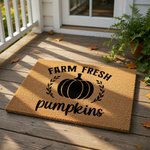 Farm Fresh Pumpkins coir doormat for fall decor, featuring a black pumpkin graphic and rustic typography on a natural fiber welcome mat, perfect for autumn porch entryways and seasonal home entrance floor decorations.