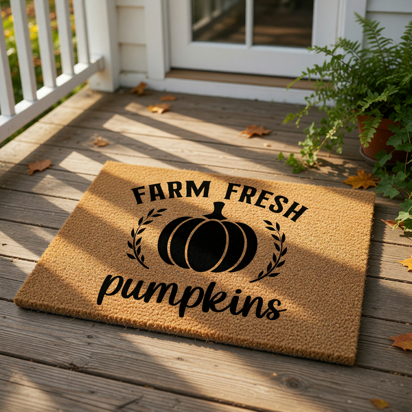 Farm Fresh Pumpkins coir doormat for fall decor, featuring a black pumpkin graphic and rustic typography on a natural fiber welcome mat, perfect for autumn porch entryways and seasonal home entrance floor decorations.