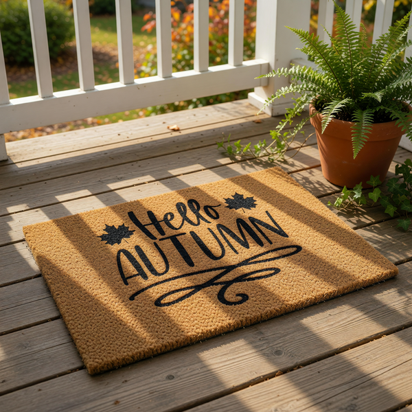 Hello Autumn coir doormat with black text and maple leaf accents, this natural fiber welcome mat is a seasonal front porch rug for fall home decor that adds a festive touch to your entryway for the harvest season and holidays.