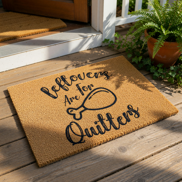 Funny Leftovers Are For Quitters doormat with a turkey leg graphic, this natural coir fiber welcome mat features bold black typography for a humorous kitchen or front porch decor piece that makes a great housewarming home entry
