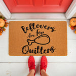 Funny Thanksgiving doormat with text Leftovers Are for Quitters and a turkey leg illustration, featuring a natural coir welcome mat on a porch with autumn pumpkins, perfect for fall home decor and seasonal front door entryway