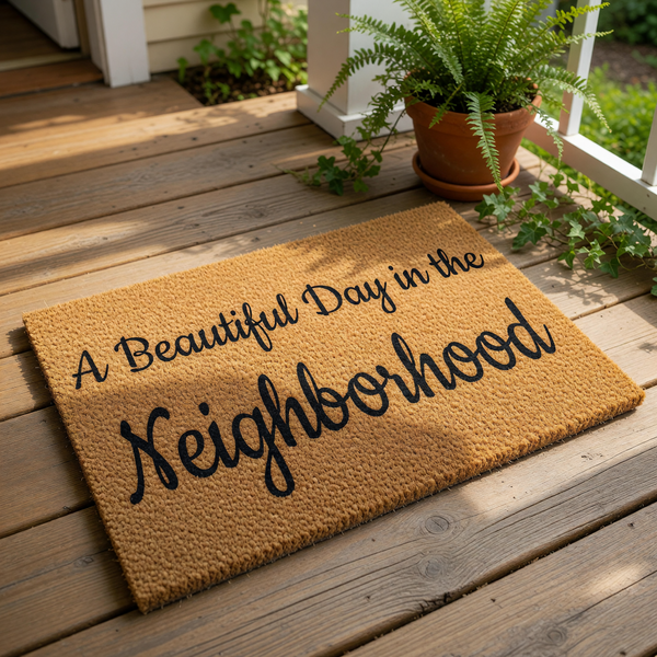 A Beautiful Day in the Neighborhood coir doormat with black script lettering on a natural fiber welcome mat, perfect for front porch decor, housewarming entry rugs, and outdoor floor mats for your home entrance and neighborhood