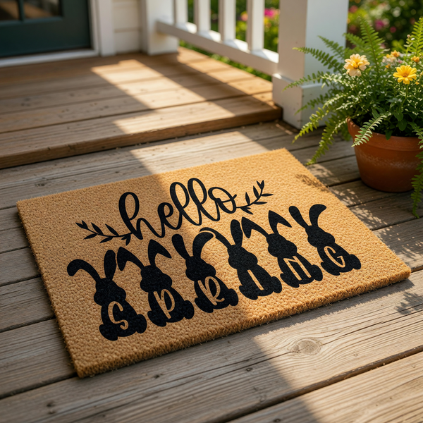 Hello Spring bunny doormat featuring a natural coir fiber texture with black printed text and six cute rabbit silhouettes, making this seasonal welcome mat a festive outdoor porch decor piece for your home entry during the spring