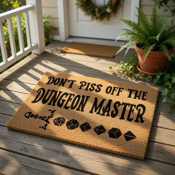 Funny Dungeon Master doormat featuring a sword and polyhedral dice icons, this natural coir welcome mat is a perfect gaming room decor piece for tabletop roleplaying fans who want a bold, humorous entrance for their home or game